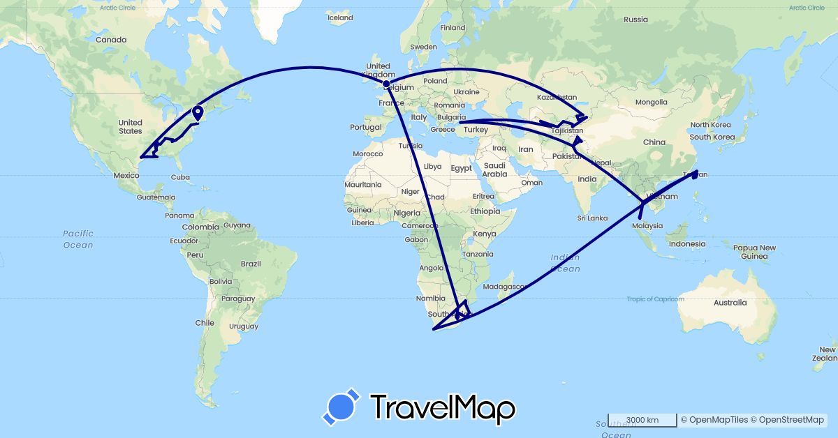 TravelMap itinerary: driving in United Kingdom, Kyrgyzstan, Kazakhstan, Lesotho, Pakistan, Thailand, Turkey, Taiwan, United States, Uzbekistan, South Africa (Africa, Asia, Europe, North America)